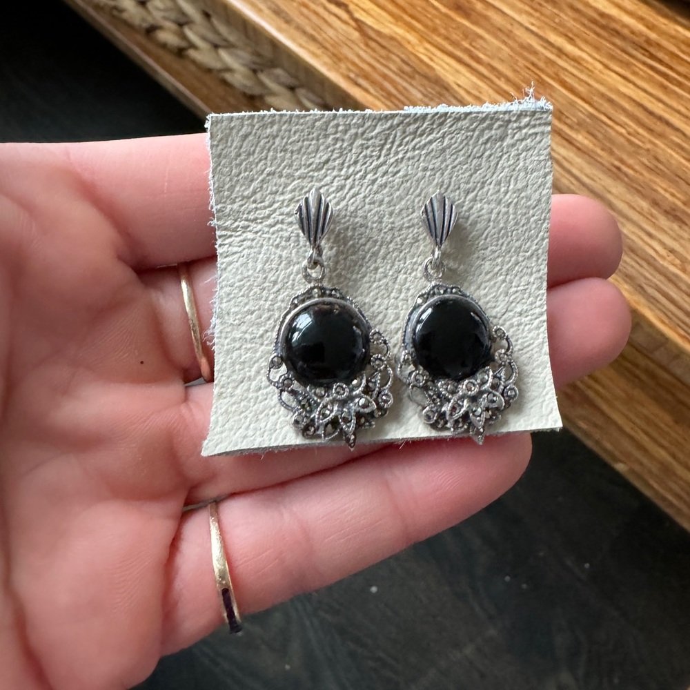 Marcasite and 925 sterling silver filigree dangle earrings